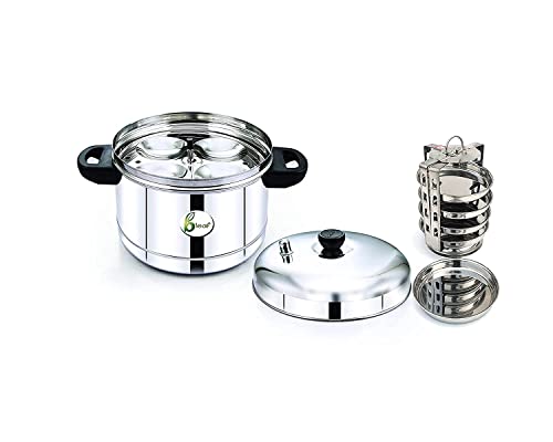 Image of BLeaf Stainless Steel-Idli cooker (Induction & Standard) with Regular Idli Stand /Idli Plates (6 Plates, 24 Idlis.) (Idli Cooker with 6 Regular Idli Plates & 5 Plates Thatte Idli Stand)