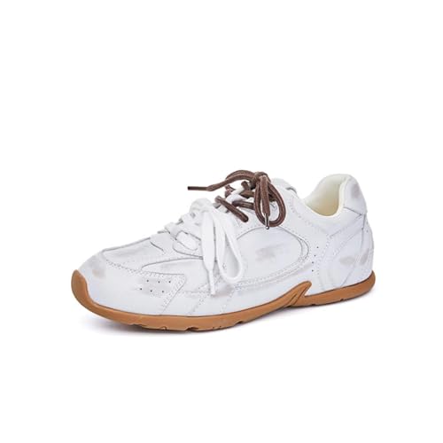 Womens Genuine Leather Fashion Lace Up Flats Sneakers Comfortable Breathable Retro Daily Walking Travelling Shoes