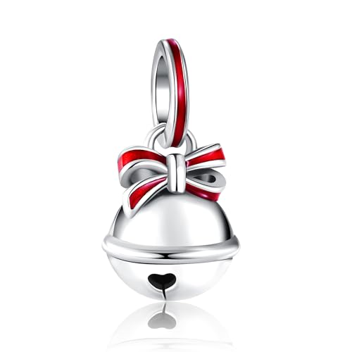 Alstiva Weihnachtsglocke mit roter Schleife Charm 925 Sterling Silber 5A Zirkonia Charm Anhänger für Armband Bead Pendant für Europäische Armbänder Halsketten Schmuck Geschenk für Frauen Freundin