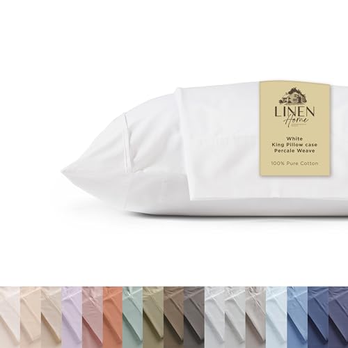 Linen Home 100% Cotton Percale Pillowcases King Size White 2 Pieces of Pillow Case Crisp and Cool Strong Bed Linen 20 inches X 36 inches