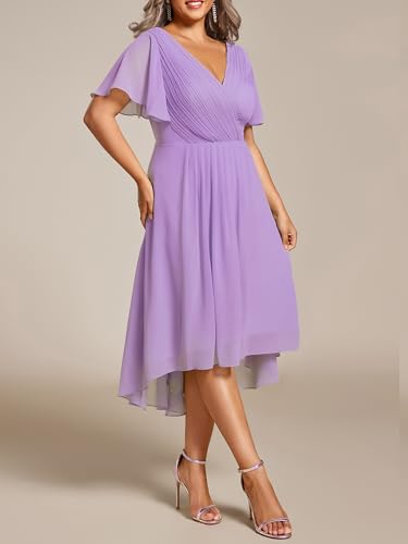 Image of Ever-Pretty Plus Summer Short Sleeves V-Neck Formal Wedding Guest Dresses for Curvy Women Chiffon Midi Cocktail Party Dress