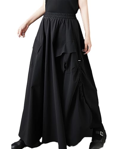 ellazhu Women's Skirt Elastic Waist Pockets Plus Size Solid Casual Fashion Maxi GZ550 A