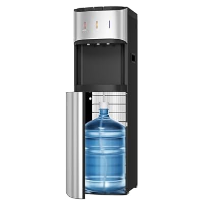 Tehanld Bottom Loading Water Cooler Dispenser for 3 or 5 Gallon Bottles, Stainless Steel Water Dispenser with Hot, Room & Cold Water, Child Safety Lock, Moonlight Silver