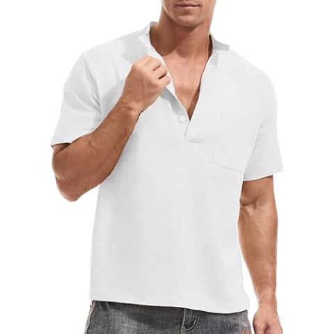 KOTENKO Men's Linen Shirt Short Sleeve Summer Casual Beach T Shirts Band Collar with Pocket Tees Basic Top Clothes (US, Alpha, Large, Regular, Regular, White) Cover