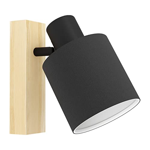 EGLO Applique murale intérieure Batallas, luminaire d’intérieur au style scandinave, lampe de salon et de couloir en bois, tissu et métal, spot en noir et blanc avec douille E27