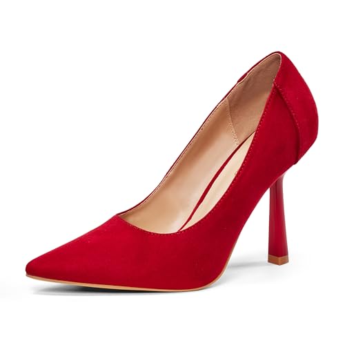 GENSHUO Tacones de Aguja únicos en Forma de Cono, 10 cm de Altura, Punta Puntiaguda para un Estilo Elegante y Seguro,Ante Rojo, 38 EU