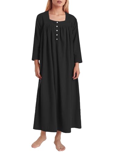 Latuza Womens Long Flannel Nightgown 3/4 Sleeve Cotton Nightgown M Black