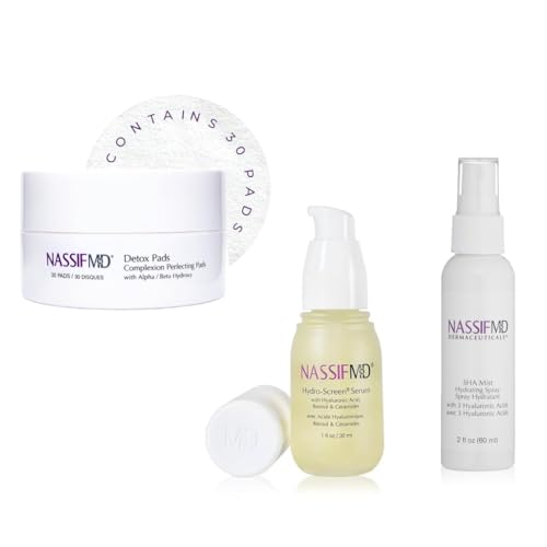 NassifMD Exfoliating Detox Pads, Hydro-Screen Hydration Serum and 3HA Instant Hydrating Facial Mist
