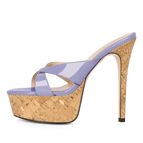 Image of Esvowido Heeled Mules for Women Cork Platform Stiletto Heels Slip on Open Toe High Heeled Sandals Crisscross Slippers Pumps Shoes