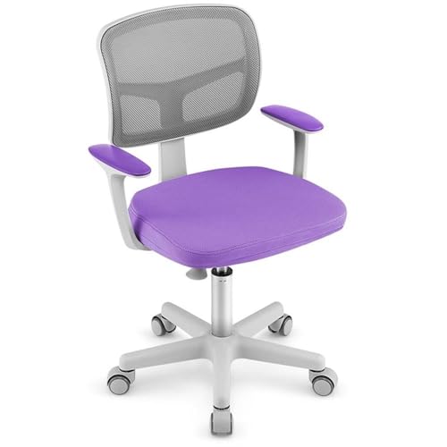 Image of Pemberly Row Kids Study Chair, Adjustable Height 31.5-36 in, Mesh Back, Cushioned Seat, Lumbar Support, Swivel Seat, Auto Brake Casters, Purple Finish, Ergonomic Chair for Study or Homework Use