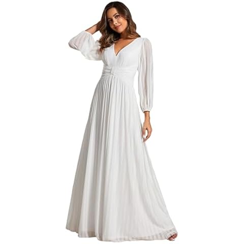 Ever-Pretty Women's Glitter A Line V Neck Pleated Long Sleeve Evening Dress White 20UK Cover