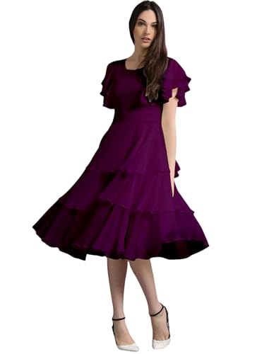 Image of Women Layered Georgette Fit & Flare Midi Dress | Round Neck Flutter Sleeve Knee Length Dress | Tiered Party Dress for Women Evening and Casual Styling