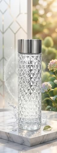 Image of Diamond Cut Glass Water Bottles with Stainless Steel Lid, Clear, Set of 6, 750ml, BPA-Free, for Kids' School, Lab Weighing, Gym, Home, Office