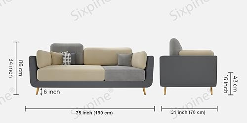 Image of Sixpine Luxury Dual Color Upholstery Sofa in Premium Velvet | Solid Wood Structure | Sturdy Golden Legs | High Density Foam | Extra Comfort for Modern Living Room (Grey & Beige, 3 Seater)