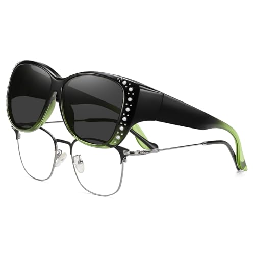 HAOLOTA Women's Polarized Fit Over Sunglasses with Rhinestone, Sun Glasses for Prescription Glasses UV400 Protection