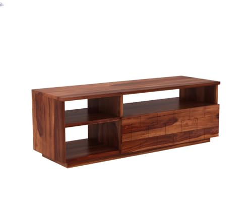 Image of Solid Wood TV Unit for Living Room 55 Inch Furniture - Wooden TV Unit with Storage Cabinet with 1 Drawr, 3 Shelves Wooden TV Cabinet for Living Room - Fits up to 55-Inch TV (Jose)