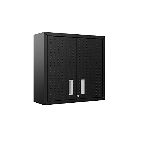 Image of Manhattan Comfort Fortress Floating Garage Storage Cabinet with Adjustable Shelves and Lock, Recessed Handles, Metal Wall Mounted Lockable Utility Cabinet, Steel Garage Storage in Charcoal Gray