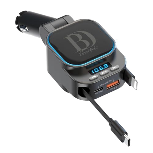 BD Essentials 5 in 1 FM Bluetooth 5.3 Transmitter, Retractable Car Charger & Cables, Dual USB-C/USB-A Ports, Up to 90W Fast Charging, Black
