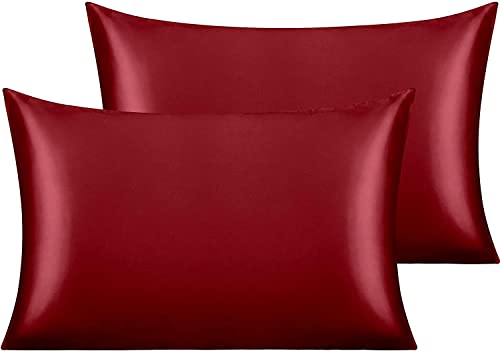 Juego de 2 fundas de almohada de satén sedosas para el cabello, fundas de almohada con cierre de sobre, frescas y fáciles de lavar, juego de 2 fundas de almohada solo sin relleno (rojo, estándar (20 x