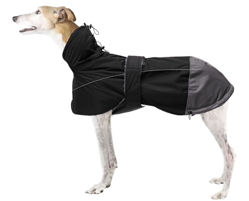 Greyhound Lurcher Winter Coat, Whippet Jacket with Padded Fleece, Waterproof Dog Snowsuit with Adjustable Bands and High Reflective be Safety - Black - S