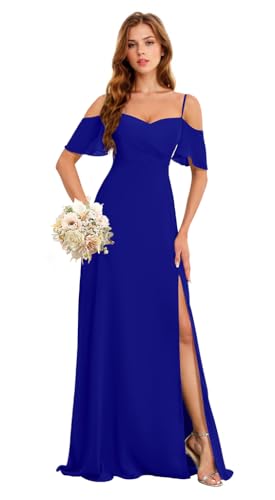 Image of Off The Shoulder Bridesmaid Dresses with Slit Long Chiffon Evening Gowns Royal Blue Formal Evening Dresses Plus Size US20W HGR93