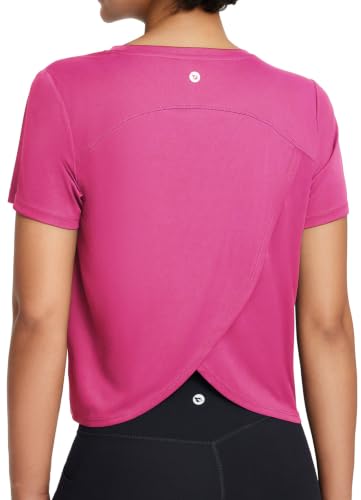 baleaf Women's Athletic Running Shirts Short Sleeve Crop Tops | UPF 50+, Quick Dry, Ultra Soft, Lightweight Breathable, Moisture Wicking, Split Back, Reflective Details, Yoga, Gym