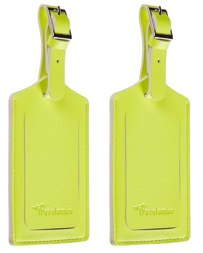 Image of Travelambo 4 Pack Leather Luggage Tags for Suitcases Travel Labels (Neon Yellow)