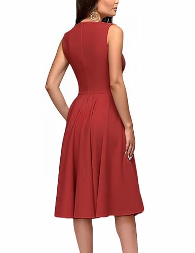 Image of FENJAR Women's Elegance Audrey Hepburn Style Ruched Dress Round Neck Sleeveless Swing Midi A-line Dresses (US, Alpha, Small, Regular, Regular, Red)