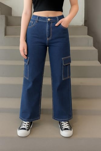 Image of ADBUCKS Stretchable High Rise Cargo Style Wide Leg Jeans for Girls II Girls Jeans