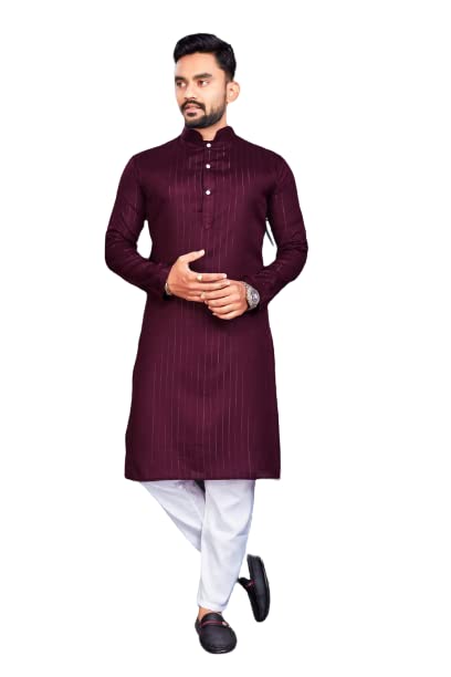 GenericShree Ram Marketing Men's Cotton Solid V-Neck Straight A Line Kurta (Wine-Purple,XL)