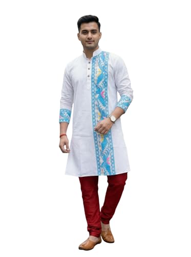 Image of Men's Jamdani Printed Kurta Pajama Set | Pure Cotton Ethnic Kurta with Mandarin Collar & Dupion Silk Pyjama | Festive & Weddings 303A12A 303SB12B(M XXL)