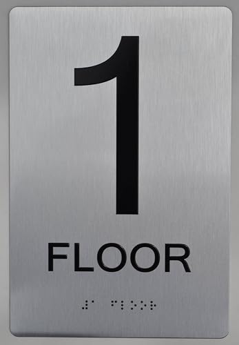 Floor Number Sign Tactile Graphics Grade 2 Braille Text With Raised Letters Aluminum, Safety Sign For Office, School Hospital,Brush Silver (1St Floor)