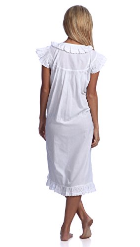Stylesilove Handmade Embroidered Eyelet Accent Lady Nightgown, 100% Cotton, White (X Large) #TOP1