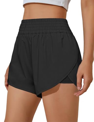 BMJL Womens Running Shorts High Waisted Side Pocket Athletic Shorts High Side Slit 2 in 1 Gym Shorts