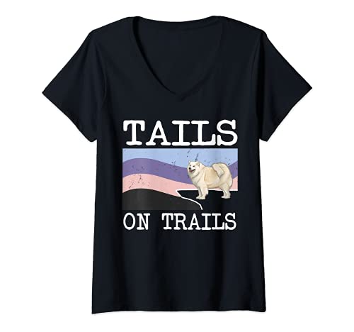 Womens Samoyed Tails On Trails Funny Dog Hiking V-Neck T-Shirt, Black