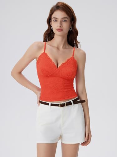 SUUKSESS Women Sexy Lace Padded Tank Tops Double Lined V Neck Y2k Going Out Top(Red XS) — view 2
