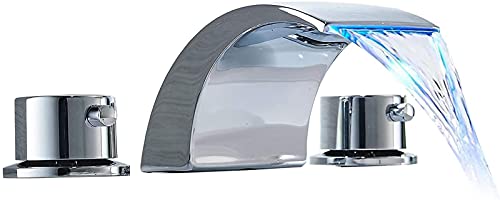 Bathfinesse Led Light Faucet Widespread 8-16 Inch Waterfall Bathroom Faucet Vanity with 3-Colors Light Changing 2-Handles 3 Holes Commercial Lavatory Supply Hose Lead-Free Mixer Tap,Chrome
