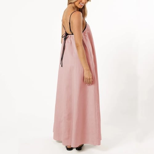 Image of Senllen Women's Linen Dress Summer Loose Flowy Sundress Contrast Spaghetti Strap Sleeveless Backless Beach Maxi Long Dresses