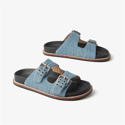 Women's Denim Buckle Strap Slippers - Metal Decor Summer Beach Casual Flats3