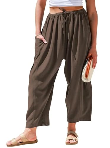 Inaugustine Lapidata Linen Pants, Women's Linen Wide Leg Pants with Pockets, Travel Beach and Work