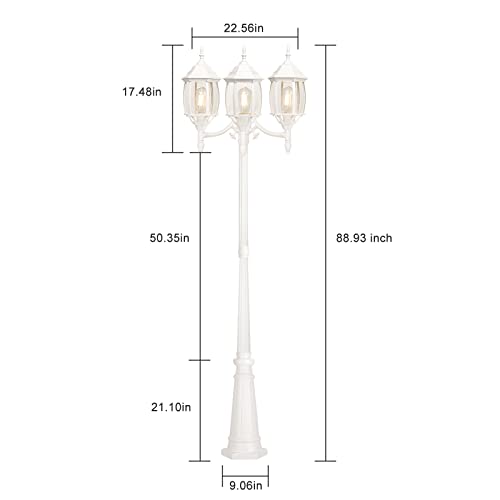Dusk to Dawn Sensor Outdoor Lamp Post Light 3-Head, Classic White Light Pole with Clear Glass Panels (3 LED Bulbs Included, Max.100W), Waterproof Outside Street Light for Backyard, Garden, Driveway