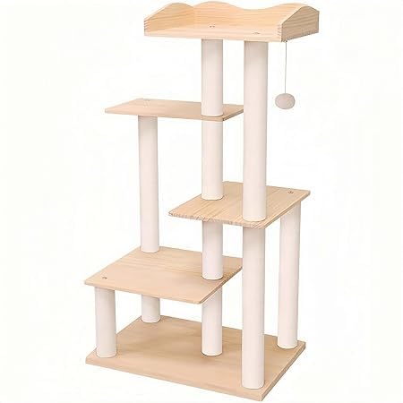 キャットタワー 木製 大型 据え置き 天然木 スリム おしゃれ 木登り 多頭飼い 大型猫 半完成品 キャットツリー シニア 猫タワー 中型 シンプル 隠れ家 爪とぎ 安定 ねこ 運動不足解消 猫ハウス マット ベッド インテリア 高さ112cm(コットン紐