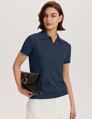 Image of Micoson Womens Short Sleeve Sweater Tops Lapel V Neck Polo Shirts 2026 Summer Cable Knit Loose Blouse Business Casual Outfits