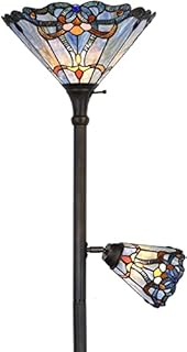 Bieye L30686 Baroque Tiffany Style Stained Glass Torchiere Floor Lamp Double Lit with 14 inch Wide Blue Shade and 6 inch Wide Rotatable Shade for Working Reading Living Room Bedroom, 71 inch Tall