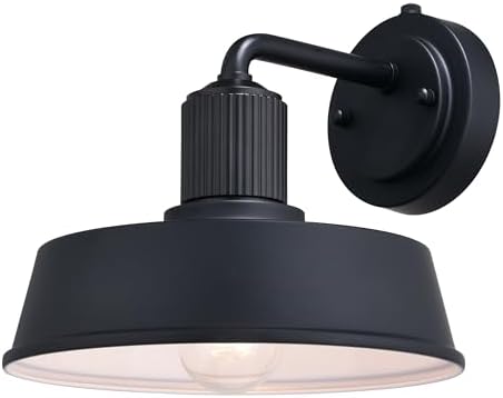 VAXCEL Hammond 9 in. H 1-Light Matte Black and White Dusk to Dawn Sensor Industrial Outdoor Wall Sconce, Durable Steel, Metal Shade, LED Compatible for Exterior Porch Patio Front Door or Garage
