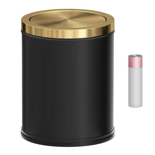 Image of 4 Gallon Black Gold Bathroom Trash Can, Stainless Steel Waste Basket, Large Capacity Garbage Can, for Bedroom Kitchen Office Hotel (Black)
