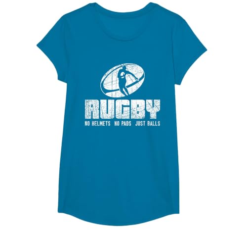 Rugby No Helmet No Pads Just Balls Shirt - Funny Rugby Quote T-Shirt, Girls, Sapphire Blue, Small