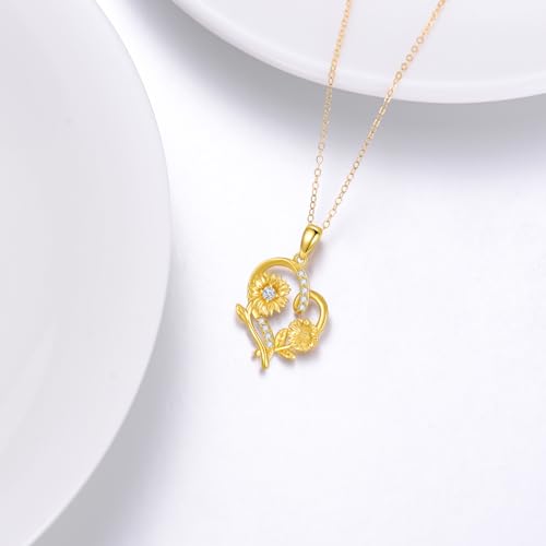 SISGEM 14K Real Gold Sunflower Heart Necklaces for Women,You Are My Sunshine Yellow Sunflower Pendant with Loving Heart Necklaces Jewelry Gift for Her, Gold Chain 18"4