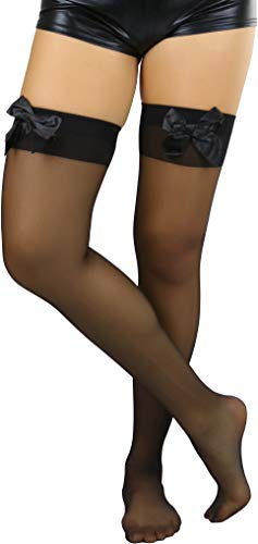 Image of ToBeInStyle Women's Opaque Long Thigh High Stockings w /Decorative Front Satin Bow