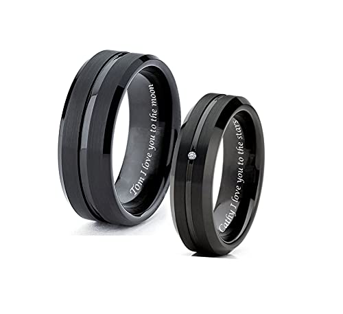 Personalized Lined Black Tungsten Ring Set Custom Engraved Free In Any Language - Wedding Bands - Couple's Ring Set - Ships from USA2